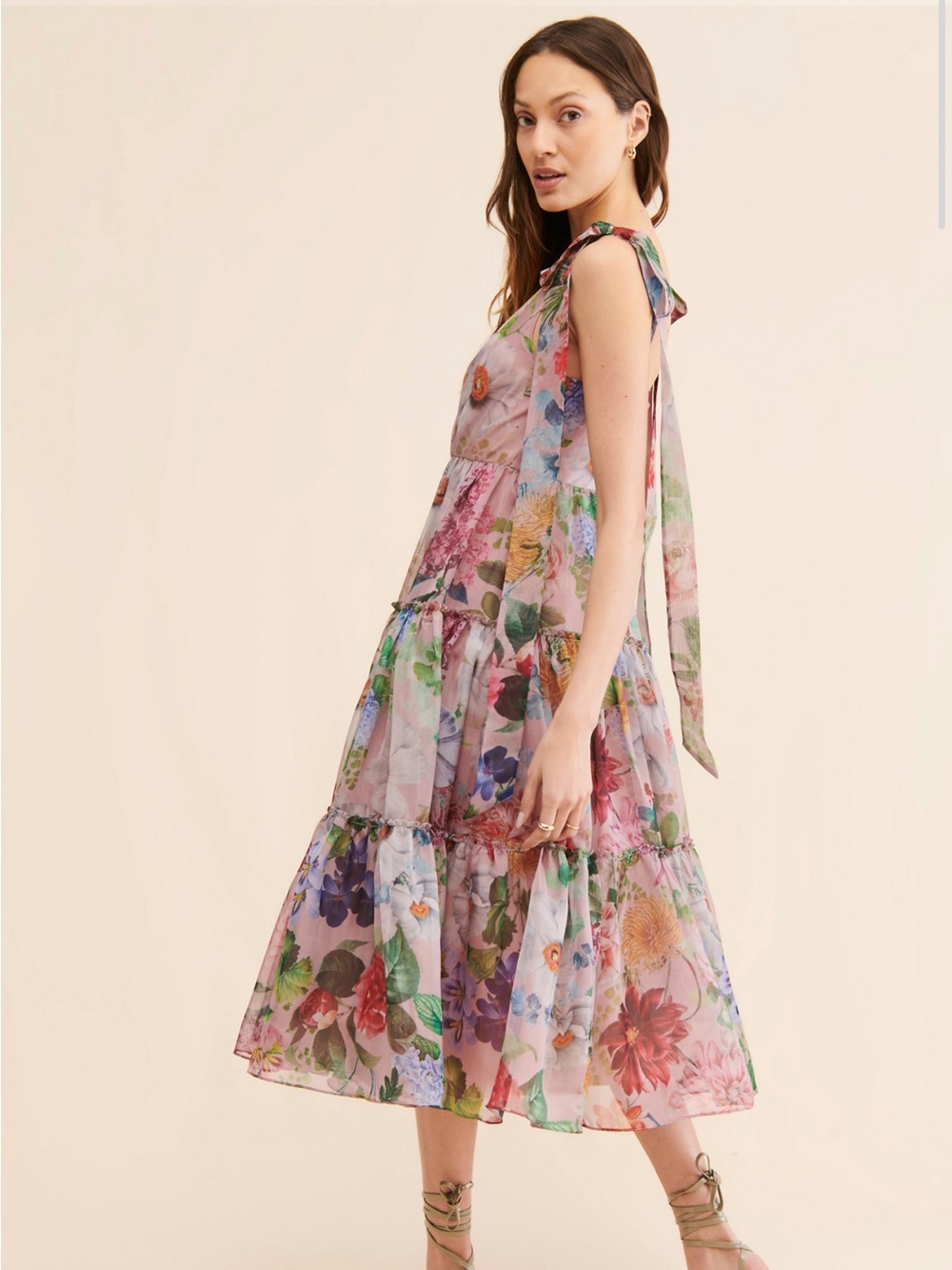 Geisha Designs Isabella Floral Tiered Tie-Shoulder Strap Midi Dress Gown 8 - Picture 3 of 10